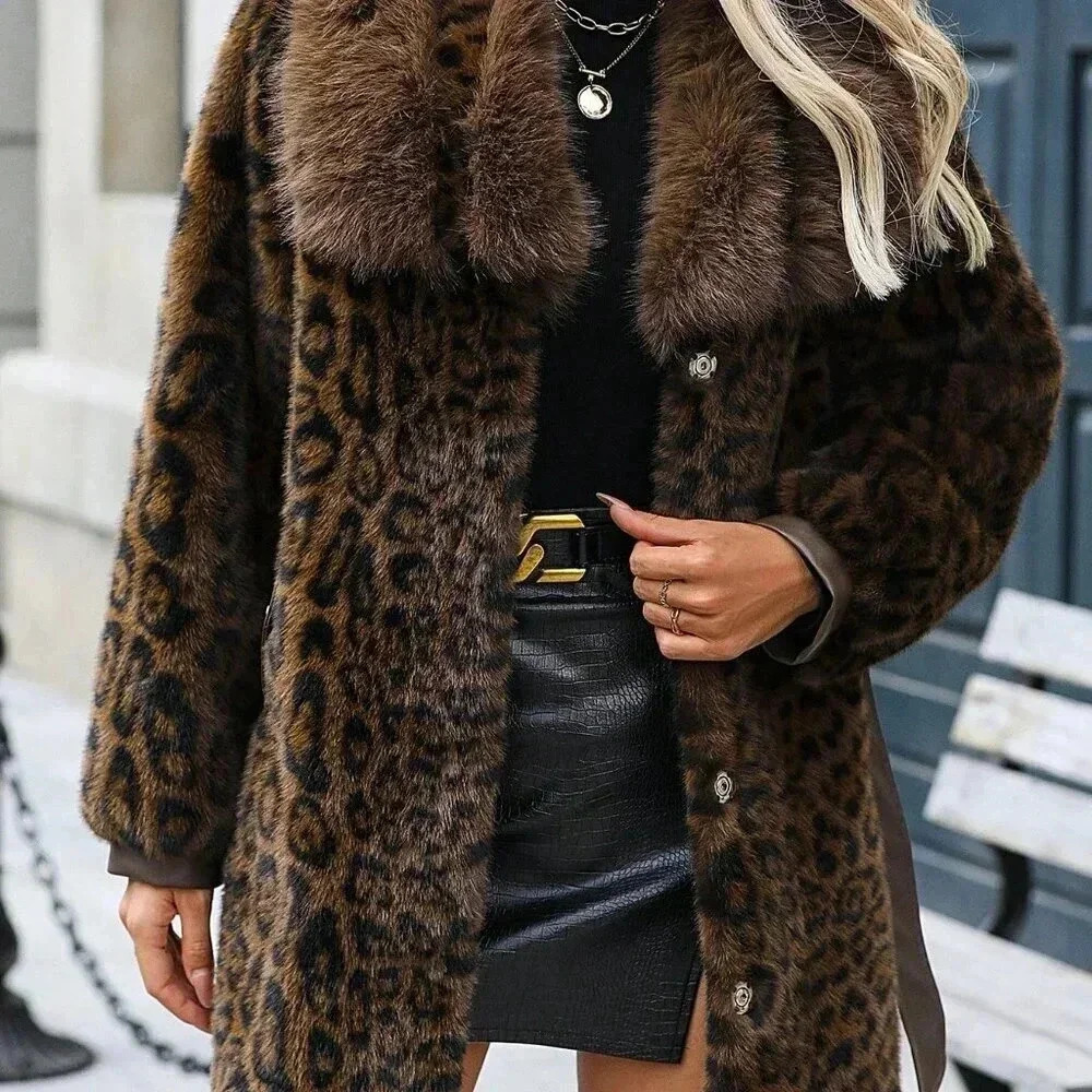 Coffee Brown Casual Women's Long Sleeve Fluffy Leopard Print Button Coat - Picture 7 of 8